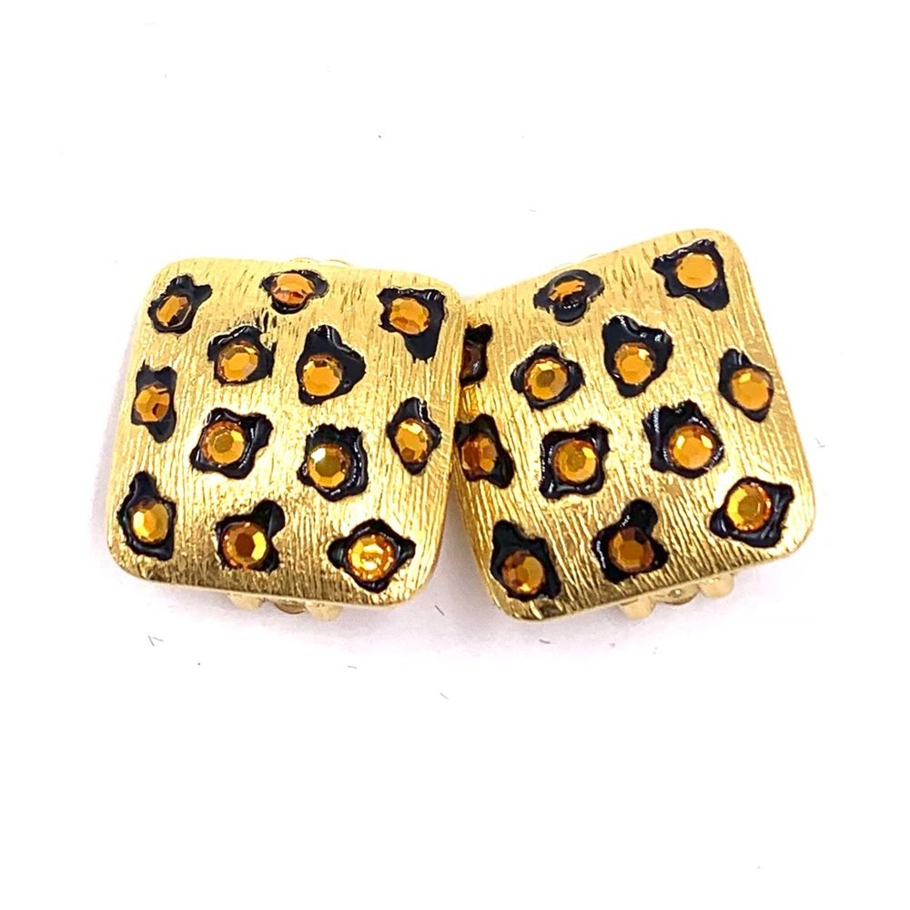 Vintage Ivana Earrings Gold Rhinestone Cheetah Black Enamel Clip On